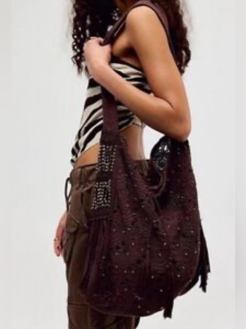 NEW Free People Studded Dark Brown Hobo Shoulder Bag $98 cotton